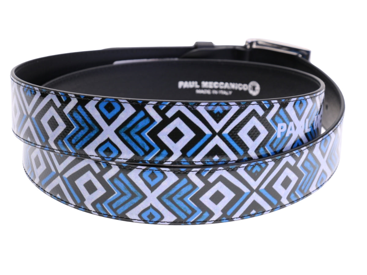 .LIGHT BLUE MEN&#39;S BELT WITH GEOMETRIC FANTASY MADE OF LORRY TARPAULIN.