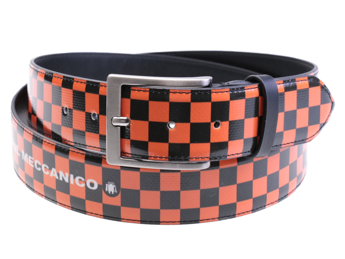 MEN&#39;S BELT BLACK AND ORANGE COLOURS WITH CHESS FANTASY MADE OF LORRY TARPAULIN.