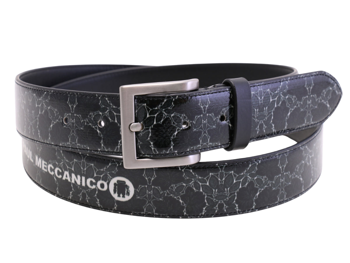 -BLACK MEN&#39;S BELT WITH FLORAL FANTASY MADE OF LORRY TARPAULIN.