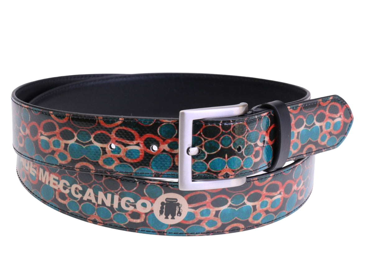 ....BLACK MEN&#39;S BELT WITH ABSTRACT FANTASY MADE OF LORRY TARPAULIN.