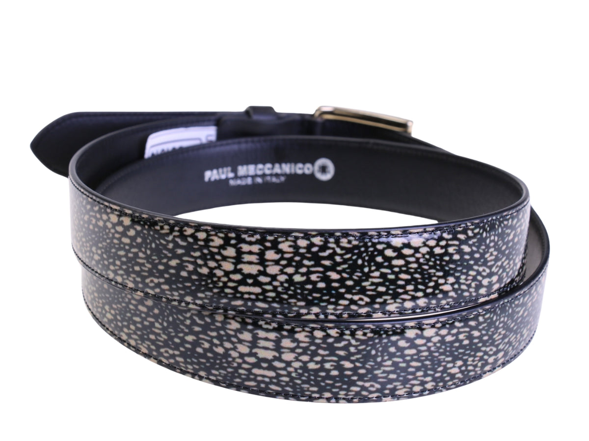 .BEIGE AND BLACK WOMEN&#39;S BELT WITH ANIMALIER FANTASY MADE OF LORRY TARPAULIN.