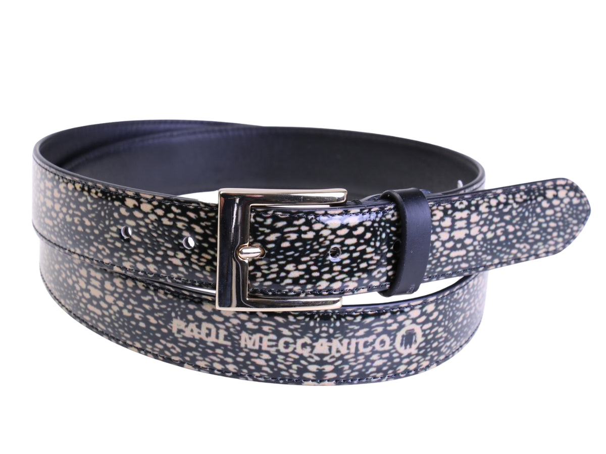 .BEIGE AND BLACK WOMEN&#39;S BELT WITH ANIMALIER FANTASY MADE OF LORRY TARPAULIN.