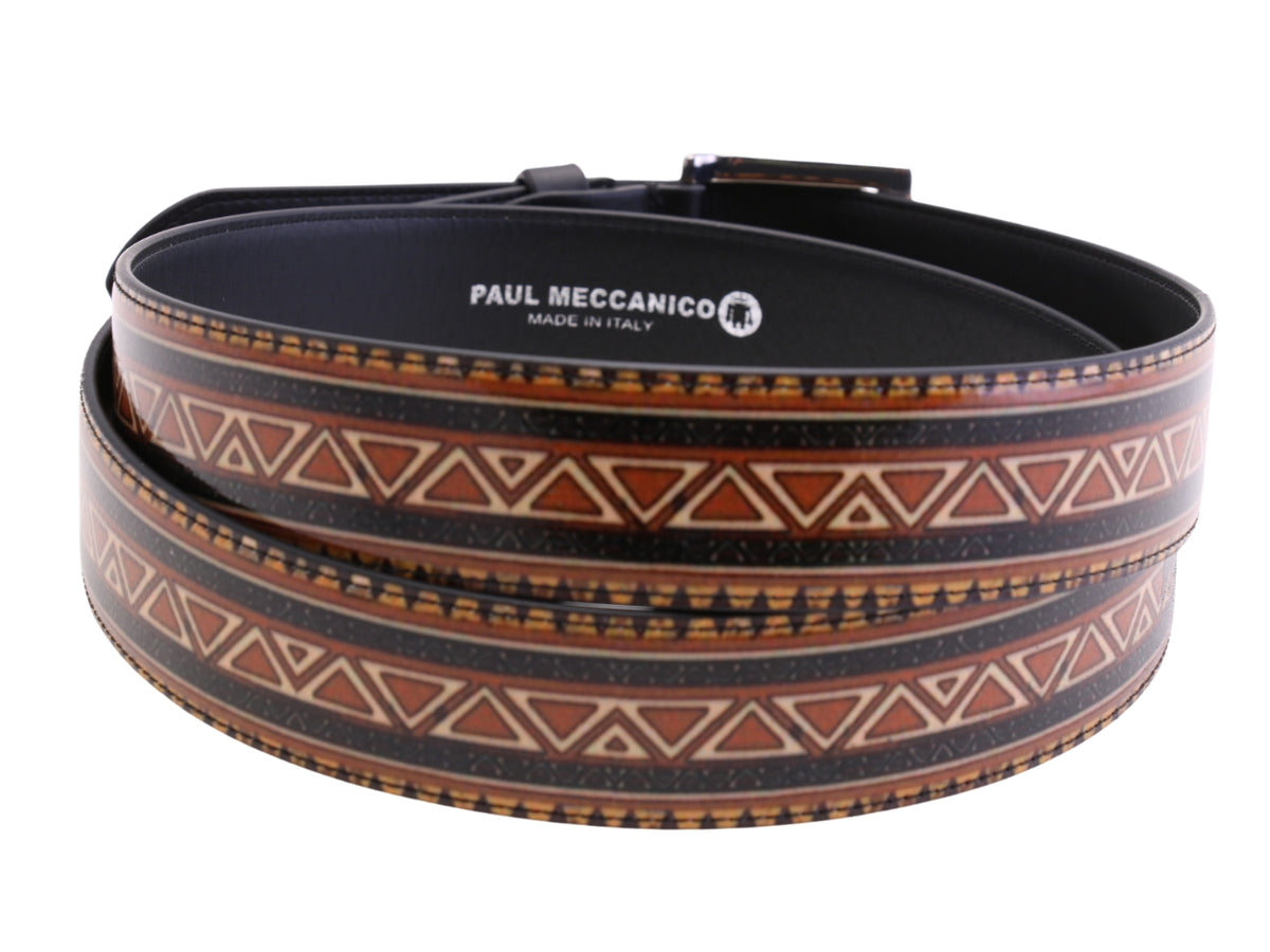 -BROWN MEN&#39;S BELT WITH ETHNIC FANTASY MADE OF LORRY TARPAULIN.