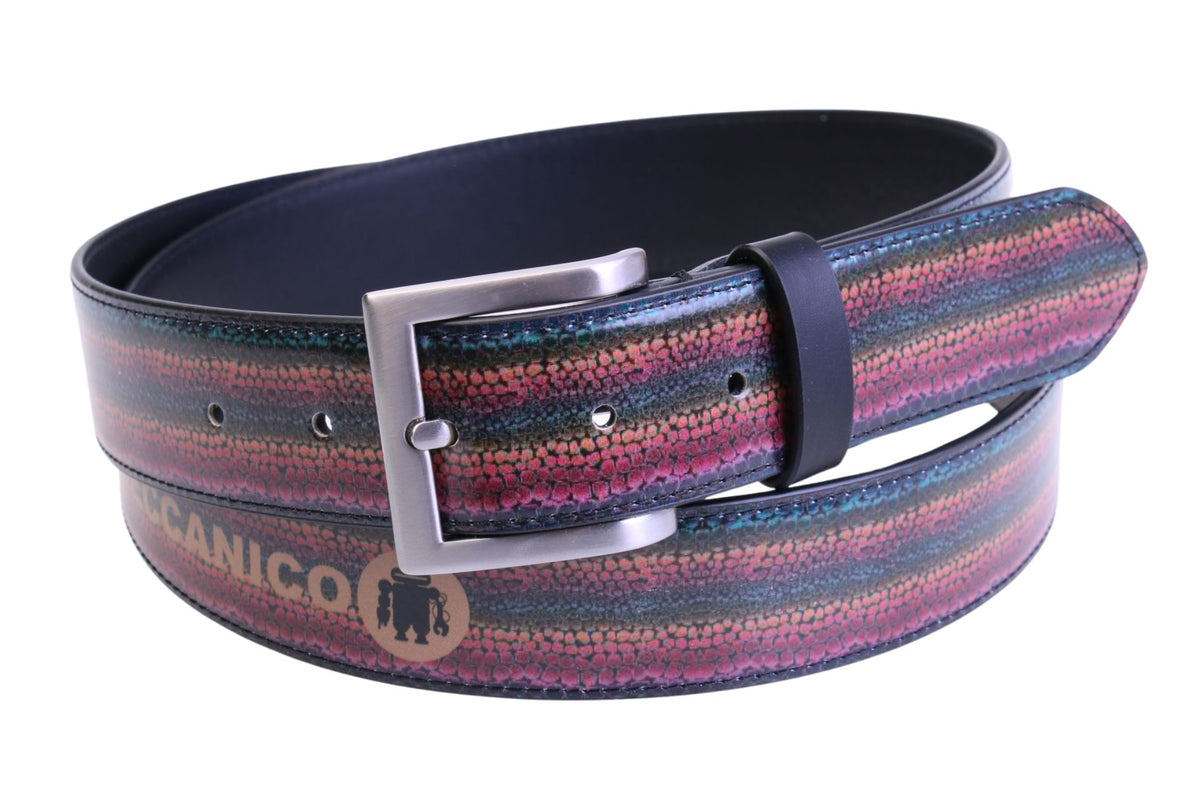 GREEN AND BORDEAUX MEN&#39;S BELT WITH ANIMALIER FANTASY MADE OF LORRY TARPAULIN.