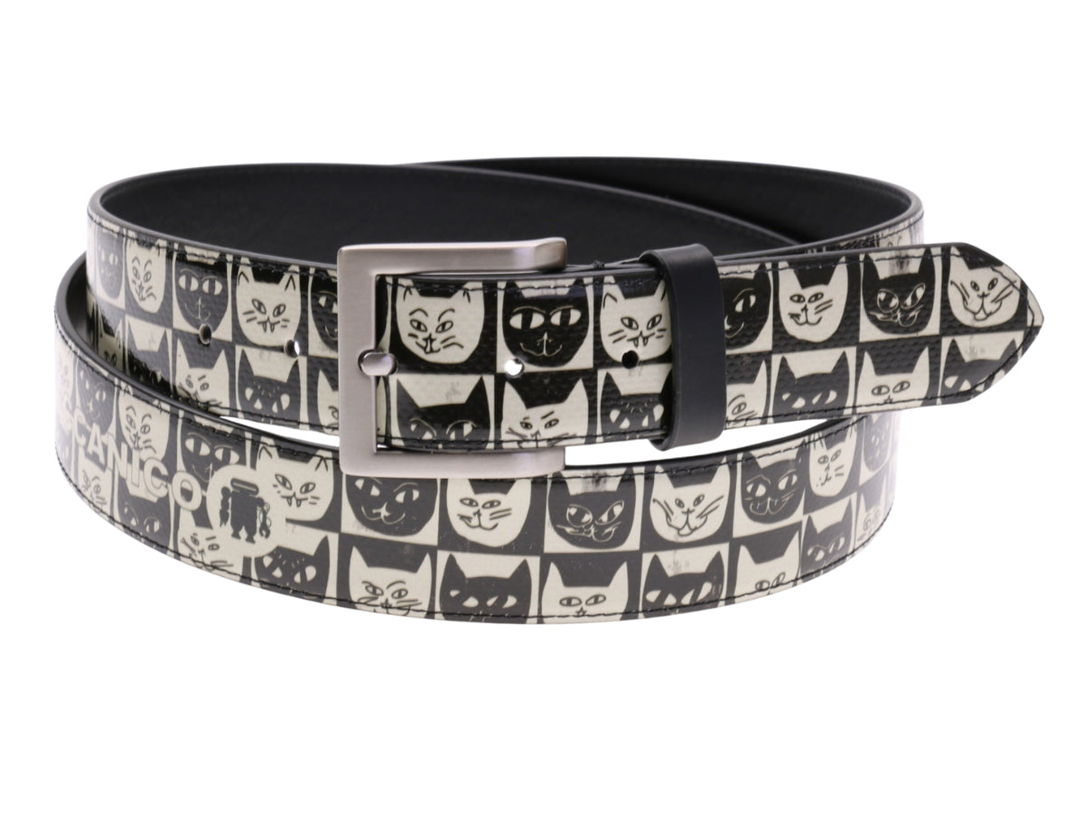 .BEIGE AND BLACK MEN&#39;S BELT &quot;KITTENS&quot; MADE OF LORRY TARPAULIN.