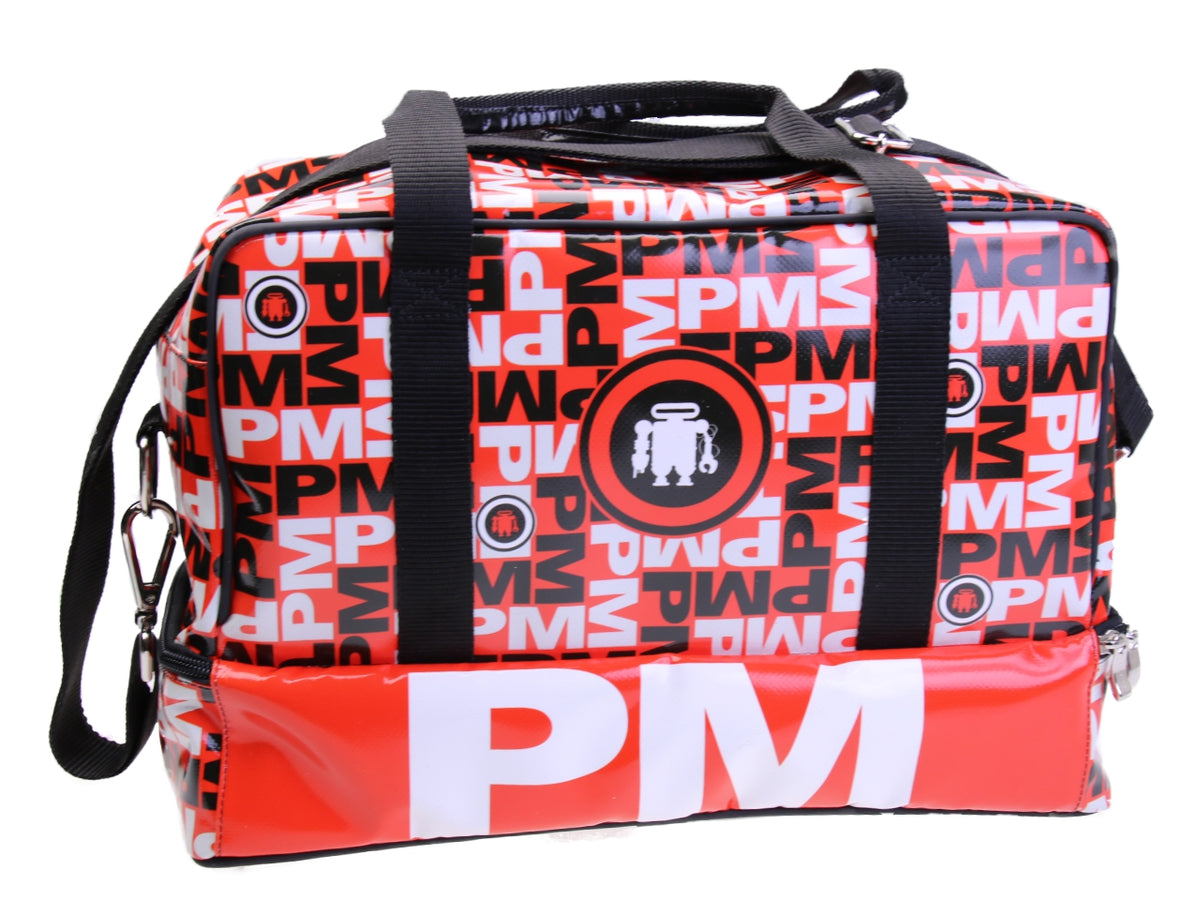 RED HAND LUGGAGE BAG WITH LETTERING FANTASY 40 X 20 X 25 CM. MODEL FLYME MADE OF LORRY TARPAULIN.