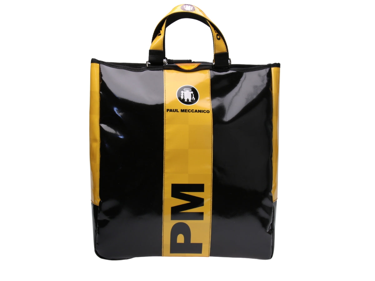 ...2 IN 1 BRIEFCASE AND BACKPACK IN BLACK AND YELLOW COLOURS. MODEL HYBRID MADE OF LORRY TARPAULIN.