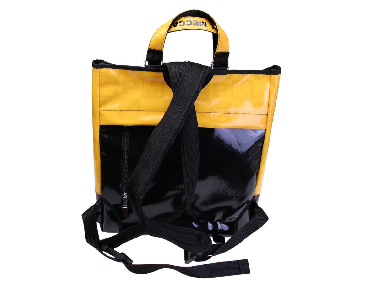 ...2 IN 1 BRIEFCASE AND BACKPACK IN BLACK AND YELLOW COLOURS. MODEL HYBRID MADE OF LORRY TARPAULIN.