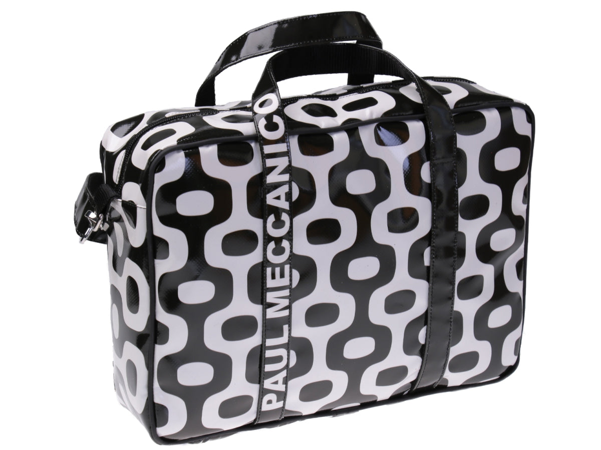 BLACK AND WHITE WOMEN&#39;S BRIEFCASE GEOMETRIC FANTASY. MODEL KART MADE OF LORRY TARPAULIN.