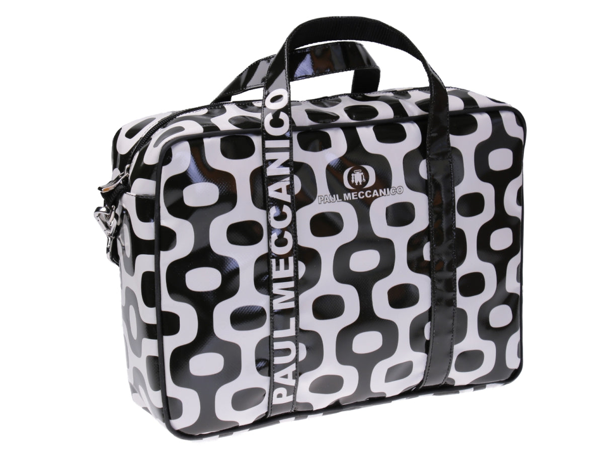 BLACK AND WHITE WOMEN&#39;S BRIEFCASE GEOMETRIC FANTASY. MODEL KART MADE OF LORRY TARPAULIN.