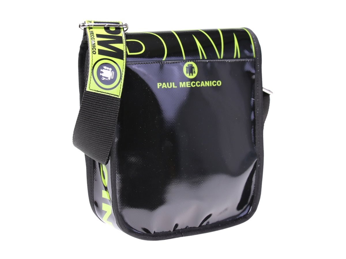 ...BLACK AND LIME CROSSBODY BAG. MODEL MIPOK MADE OF LORRY TARPAULIN.