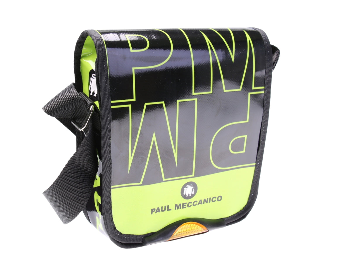 ...BLACK AND LIME CROSSBODY BAG. MODEL MIPOK MADE OF LORRY TARPAULIN.