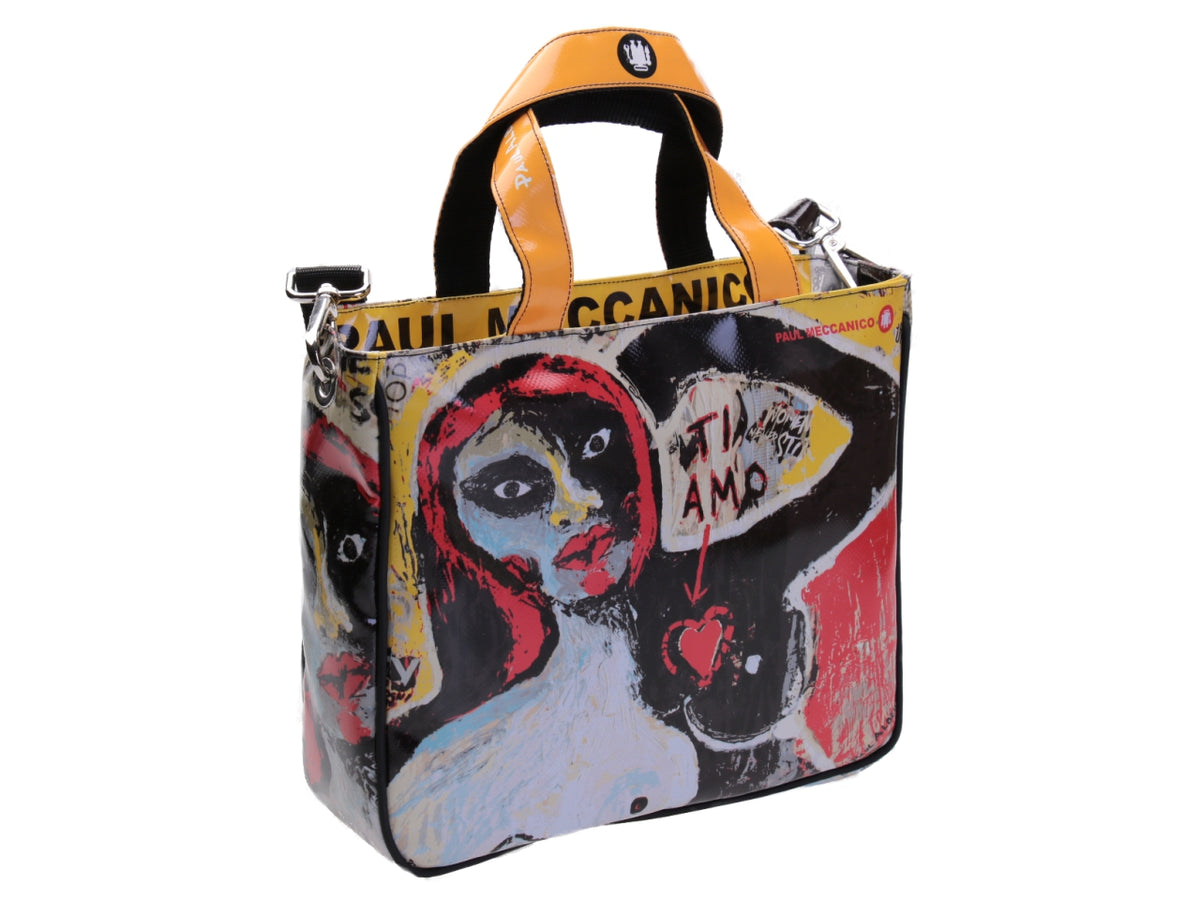 TOTE BAG &quot;DONNA A META&#39;&quot; BY PAUL ALBERT DARI. MODEL GLAM MADE OF LORRY TARPAULIN. BOOK &quot;LA PITTURA E&#39; DONNA INCLUDED IN THE PRICE&quot;