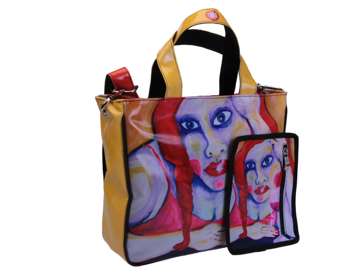 TOTE BAG &quot;I&#39;M FEELING GOOD&quot; BY PAUL ALBERT DARI. MODEL GLAM MADE OF LORRY TARPAULIN. BOOK &quot;LA PITTURA E&#39; DONNA INCLUDED IN THE PRICE&quot;