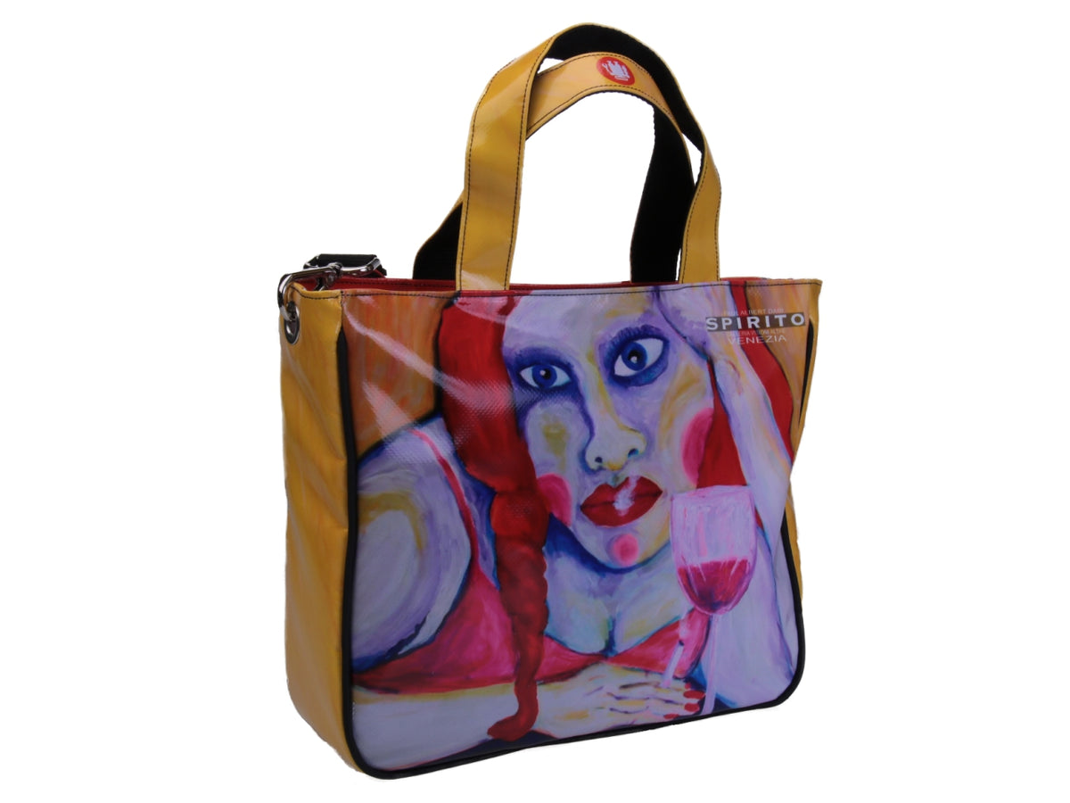 TOTE BAG &quot;I&#39;M FEELING GOOD&quot; BY PAUL ALBERT DARI. MODEL GLAM MADE OF LORRY TARPAULIN. BOOK &quot;LA PITTURA E&#39; DONNA INCLUDED IN THE PRICE&quot;