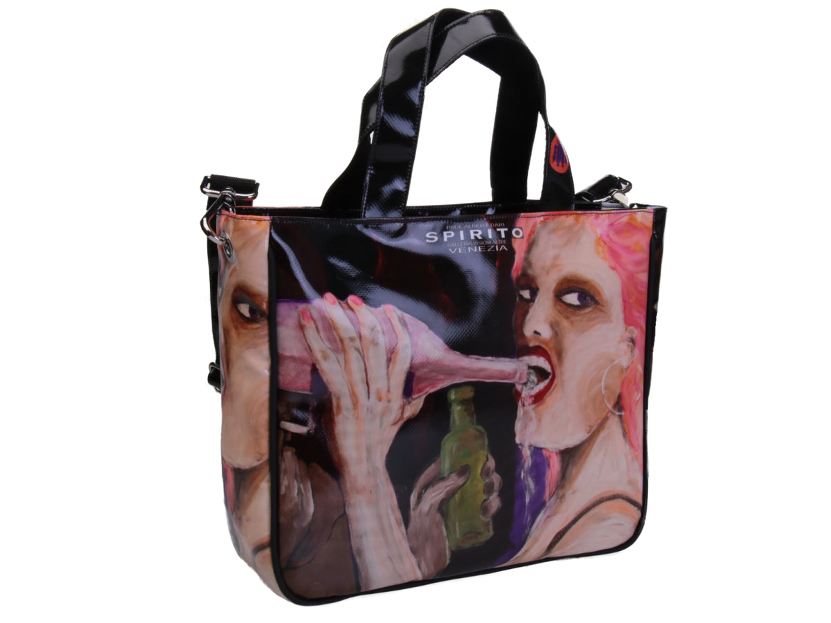 TOTE BAG &quot;FIESTA&quot; BY PAUL ALBERT DARI. MODEL GLAM MADE OF LORRY TARPAULIN. BOOK &quot;LA PITTURA E&#39; DONNA INCLUDED IN THE PRICE&quot;