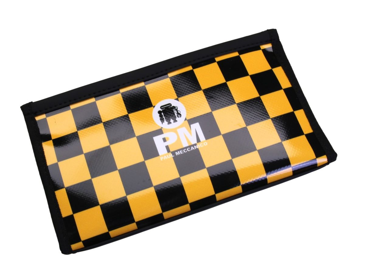 LARGE WOMEN&#39;S WALLET BLACK AND YELLOW COLOURS WITH CHESS FANTASY. MODEL PIT MADE OF LORRY TARPAULIN.