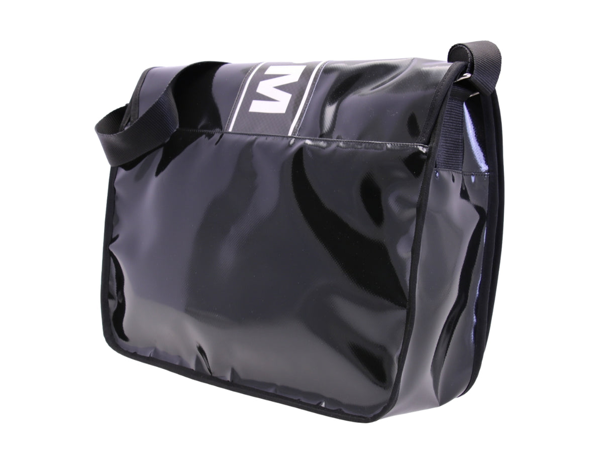 BLACK MESSENGER BAG. MODEL SPOT MADE OF LORRY TARPAULIN.