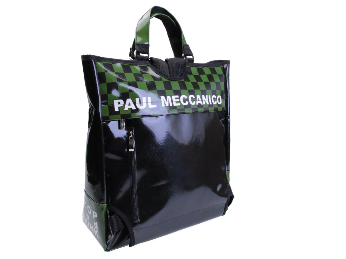 2 IN 1 BRIEFCASE AND BACKPACK BLACK WITH GREEN. MODEL HYBRID MADE OF LORRY TARPAULIN.