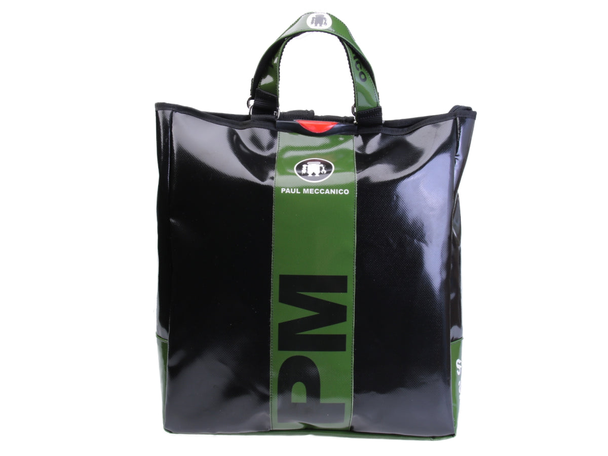 2 IN 1 BRIEFCASE AND BACKPACK BLACK WITH GREEN. MODEL HYBRID MADE OF LORRY TARPAULIN.