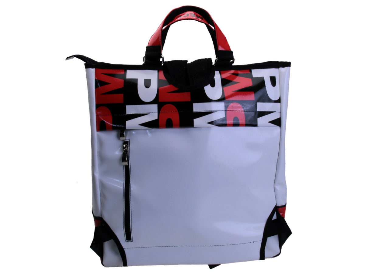 2 IN 1 BRIEFCASE AND BACKPACK WHITE, BLACK, RED. MODEL HYBRID MADE OF LORRY TARPAULIN.