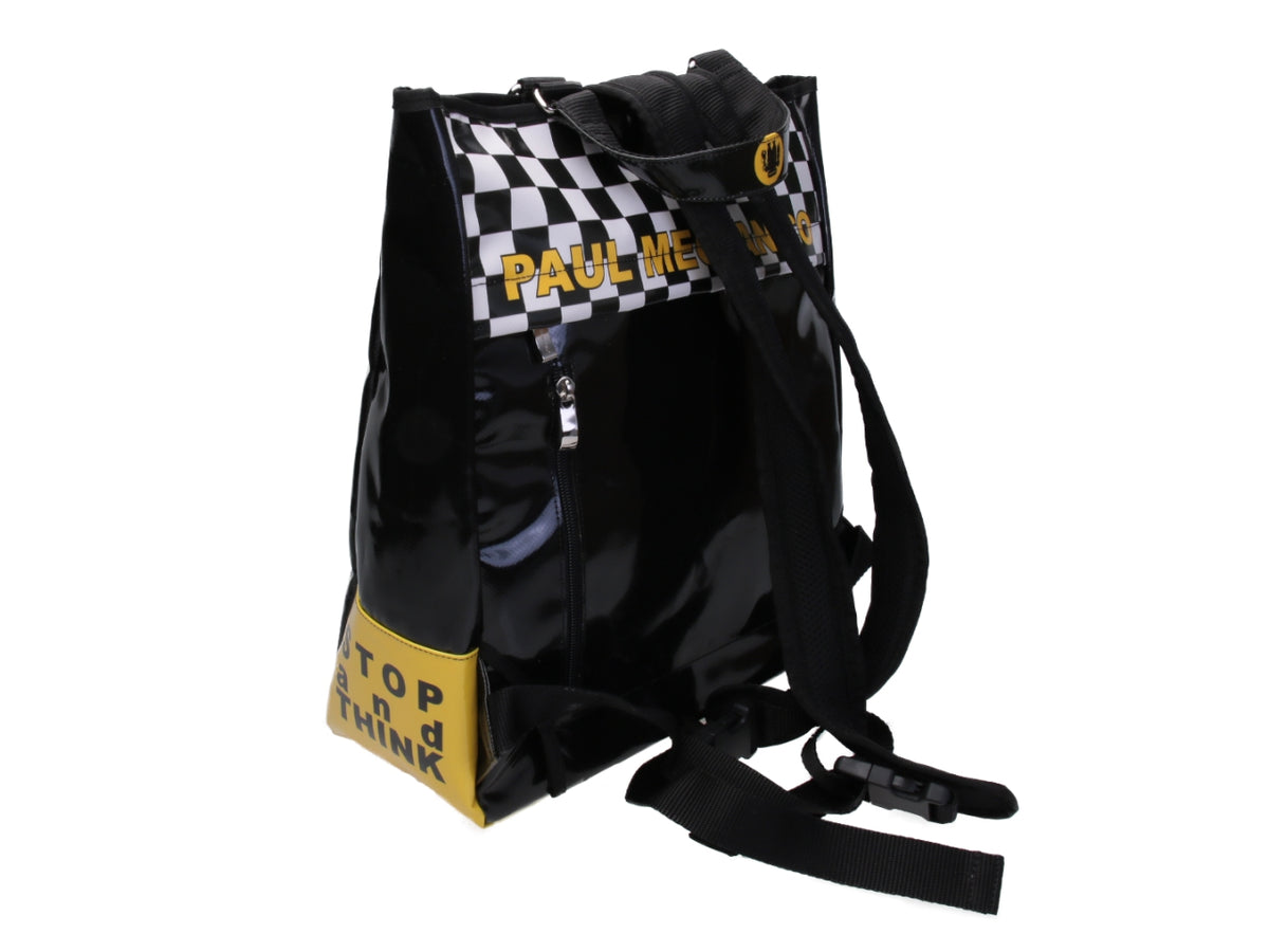 2 IN 1 BRIEFCASE AND BACKPACK BLACK WITH YELLOW. MODEL HYBRID MADE OF LORRY TARPAULIN.