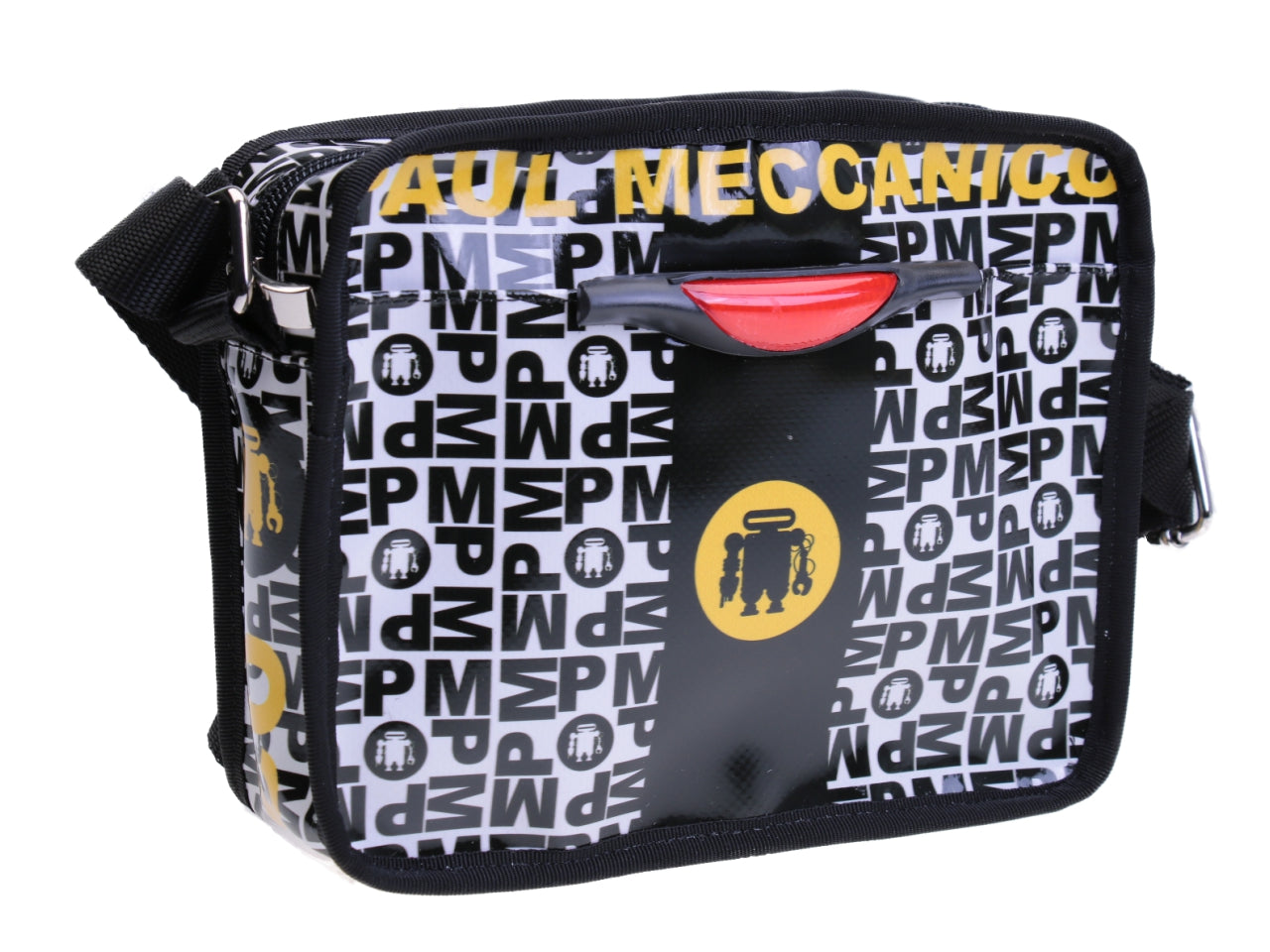 SMALL CROSSBODY BAG BLACK AND WHITE LETTERING FANTASY. MODEL FRIK MADE OF LORRY TARPAULIN. - Limited Edition Paul Meccanico