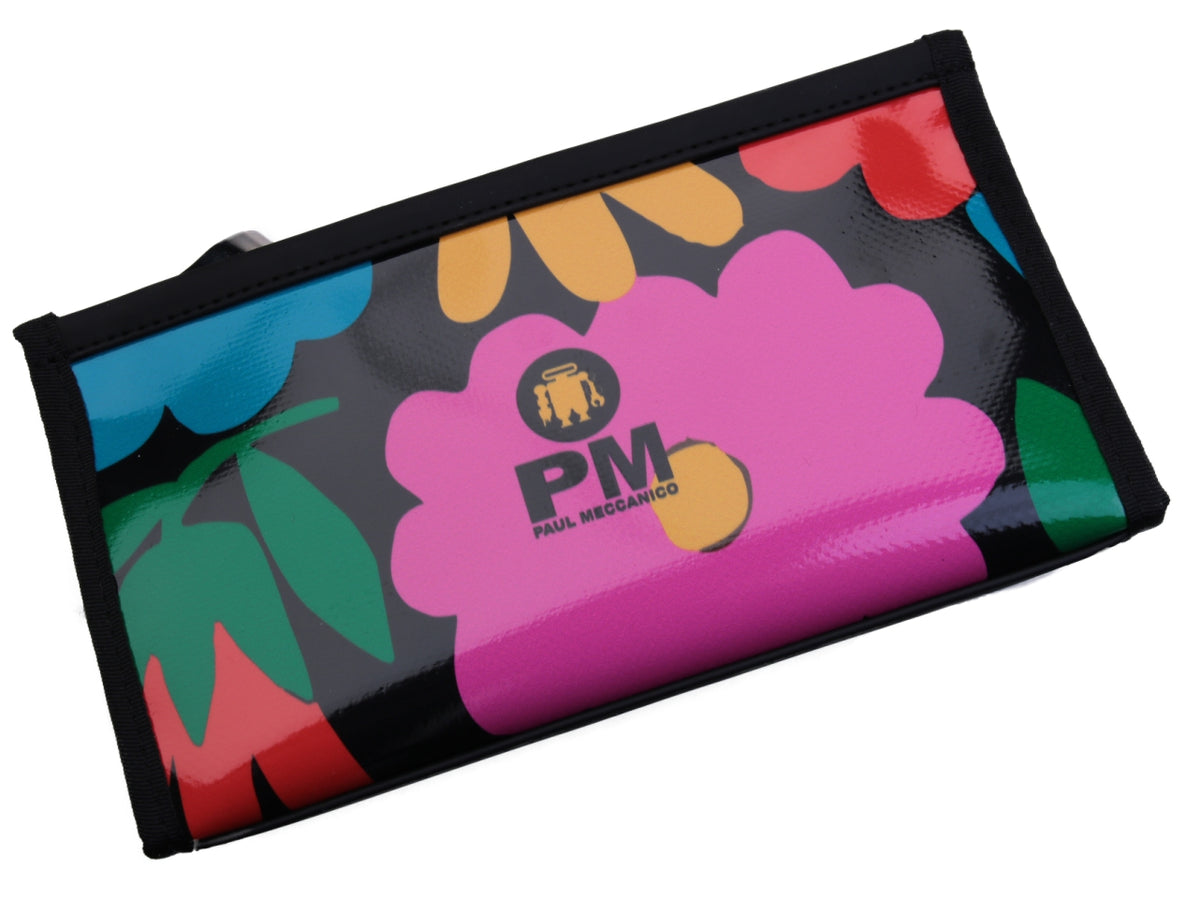 LARGE BLACK WOMEN&#39;S WALLET WITH COLOUFUL FLOWERS. MODEL PIT MADE OF LORRY TARPAULIN. - Limited Edition Paul Meccanico