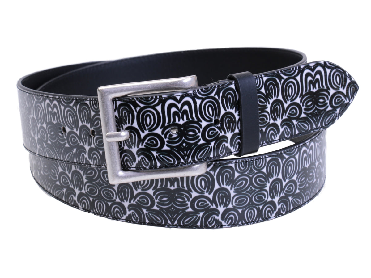 BLACK AND WHITE MEN&#39;S BELT WITH MAJOLICA FANTASY MADE OF LORRY TARPAULIN. - Unique Pieces Paul Meccanico