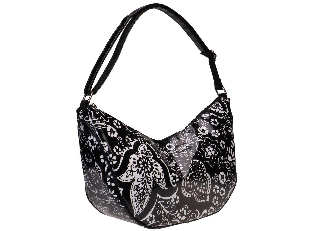 HALF-MOON BAG BLACK AND WHITE FLORAL FANTASY. SPLIT MODEL MADE OF LORRY TARPAULIN. - Limited Edition Paul Meccanico