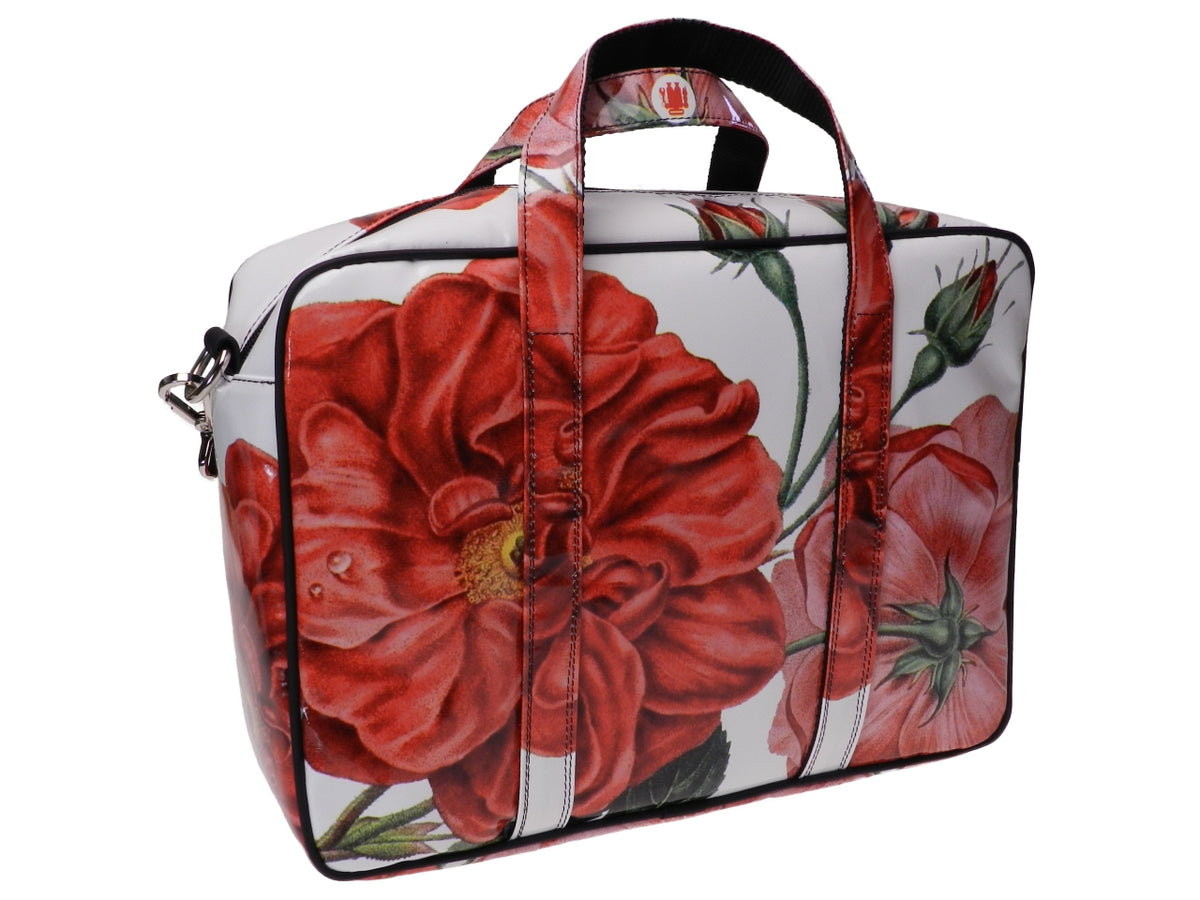 WOMAN BRIEFCASE OFF WHITE COLOUR FLORAL FANTASY. KART MODEL MADE OF LORRY TARPAULIN.