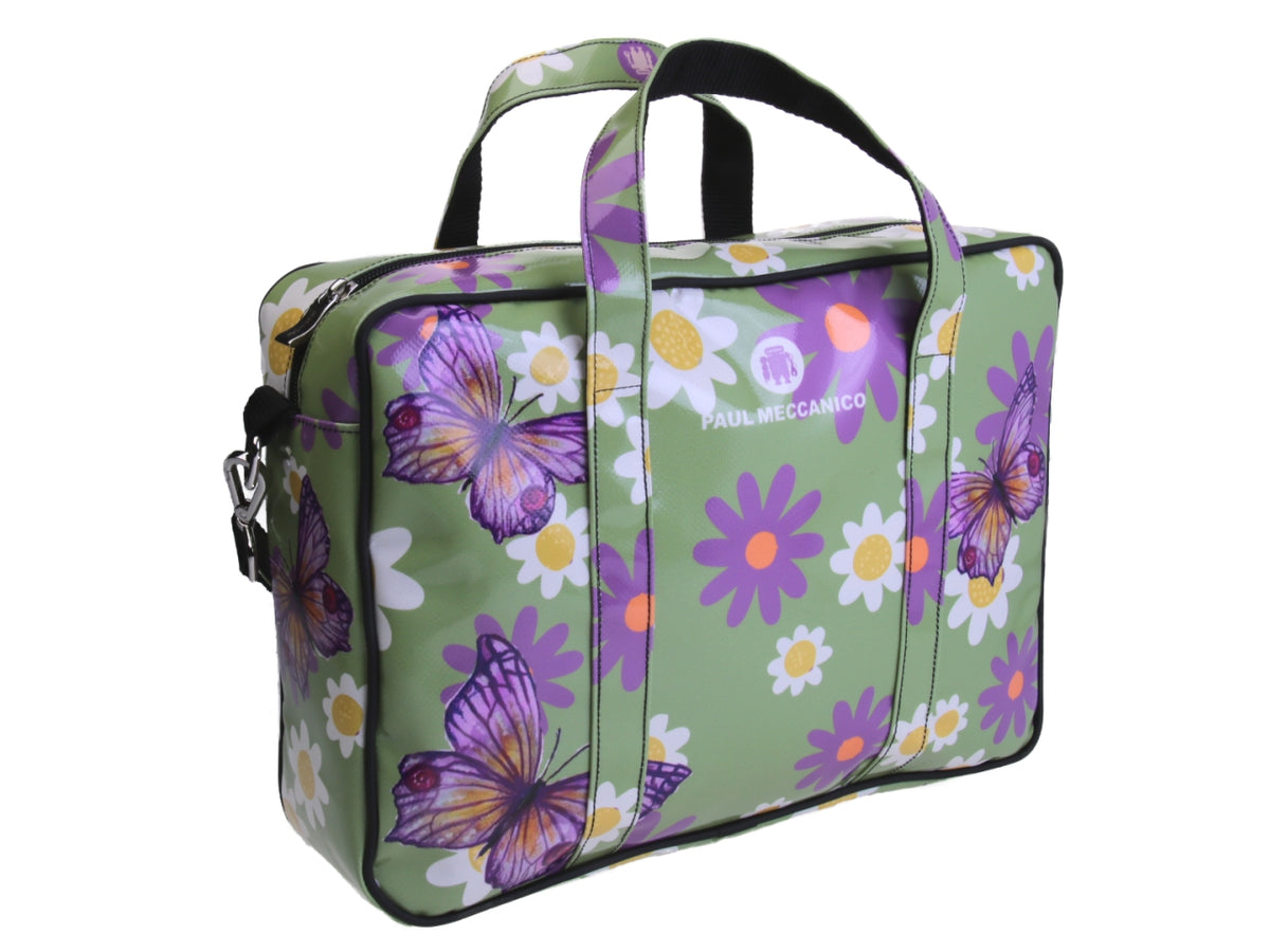 GREEN WOMEN&#39;S BRIEFCASE FLORAL FANTASY. MODEL KART MADE OF LORRY TARPAULIN.