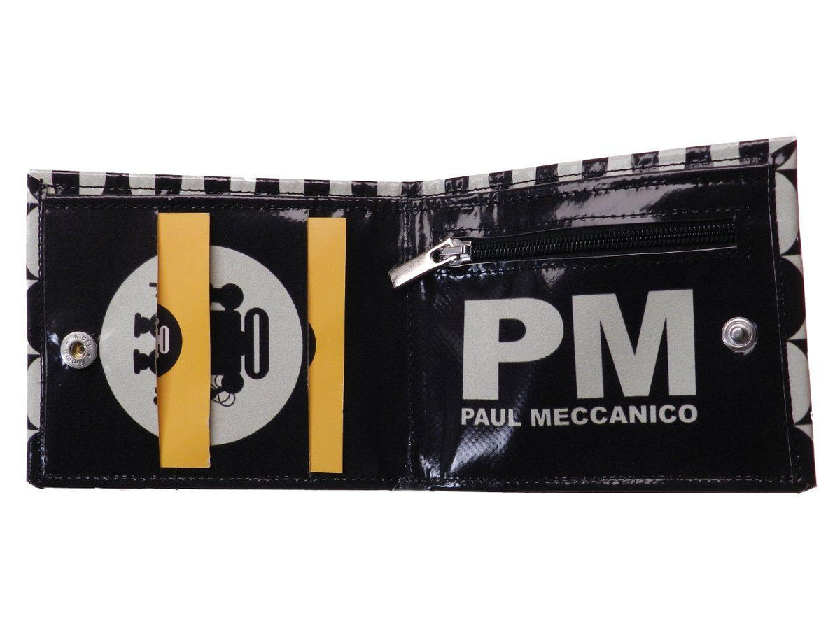 MAN WALLET BEIGE AND BLACK COLOURS GEOMETRICA FANTASY. CRIK MODEL MADE OF LORRY TARPAULIN. - Paul Meccanico