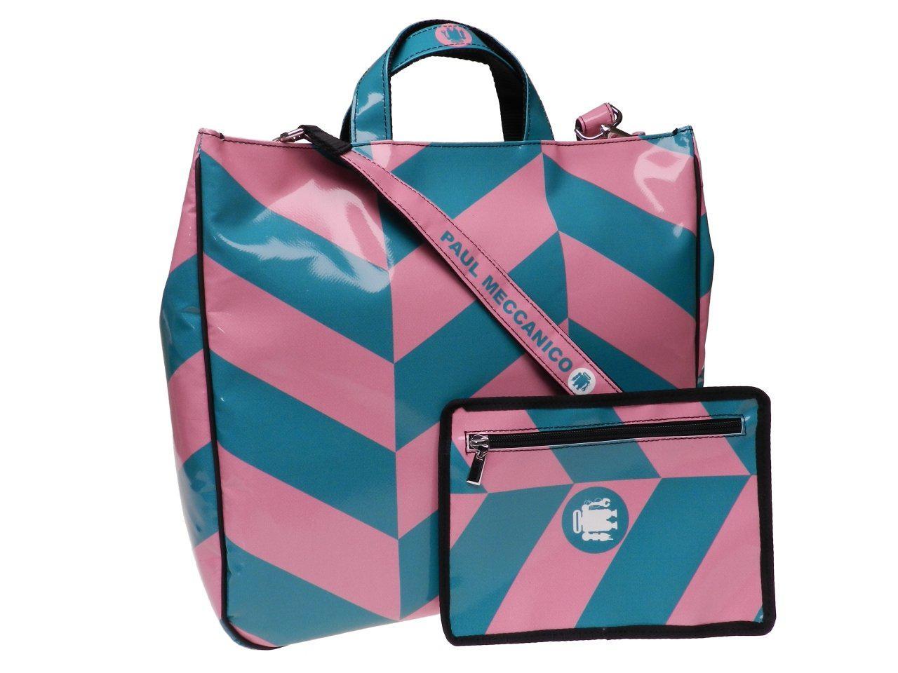 MAXI TOTE BAG PINK AND TEAL WITH GEOMETRIC FANTASY. MODEL AIRSTONE MADE OF LORRY TARPAULIN. - Unique Pieces Paul Meccanico
