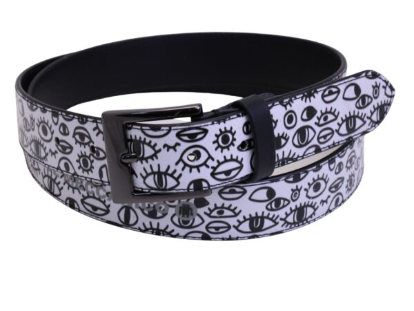 BLACK AND WHITE WOMEN'S BELT "EYES" MADE OF LORRY TARPAULIN