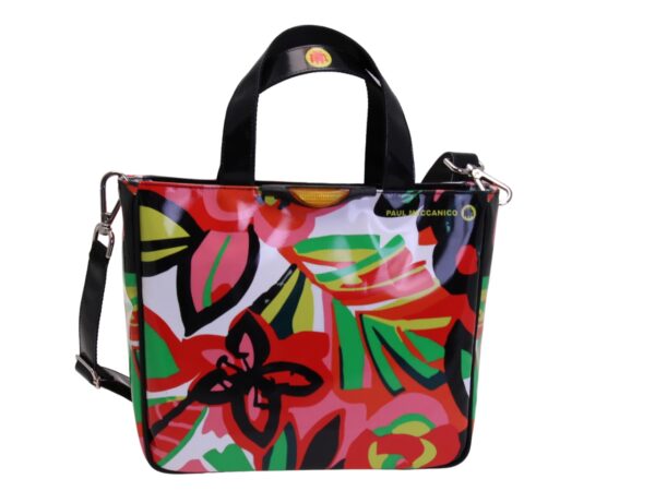 WHITE TOTE BAG WITH FLORAL FANTASY. MODEL GLAM MADE OF LORRY TARPAULIN.