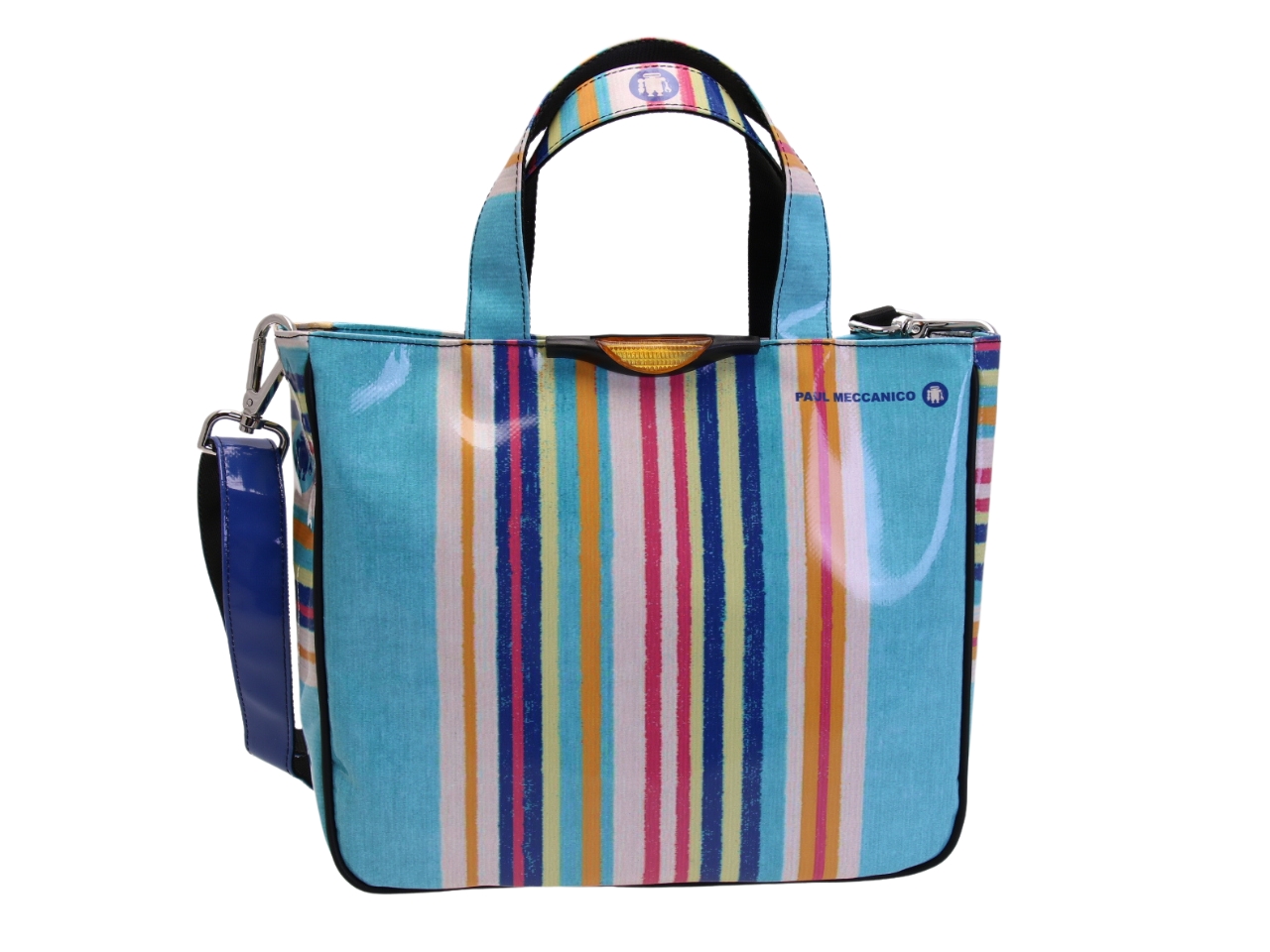 BORSA DONNA CELESTE CON FANTASIA RIGATA. MODELLO GLAM REALIZZATO IN TELONE DA CAMION.