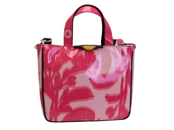 PINK TOTE BAG WITH FLORAL FANTASY. MODEL GLAM MADE OF LORRY TARPAULIN.