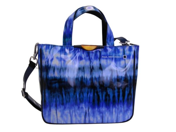 LIGHT BLUE TOTE BAG WITH TIE DYE FANTASY. MODEL GLAM MADE OF LORRY TARPAULIN.