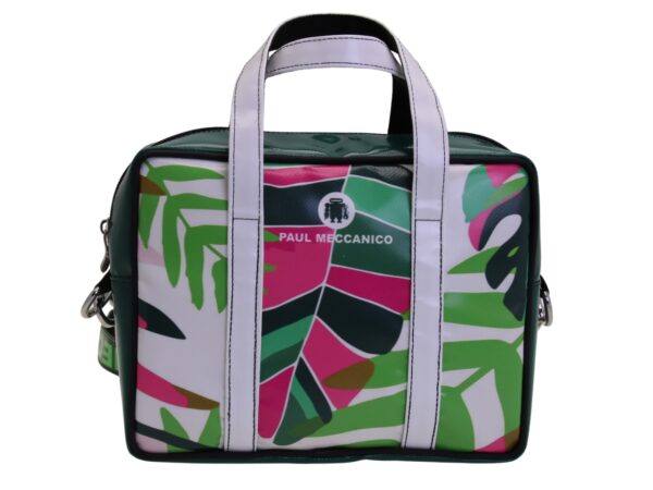 RECTANGULAR WOMEN'S BAG WITH FLORAL FANTASY. MODEL PINCA MADE OF LORRY TARPAULIN.