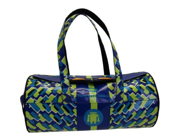 SPORTS BAG BLUE AND LIME. ROLLING MODEL MADE OF LORRY TARPAULIN.