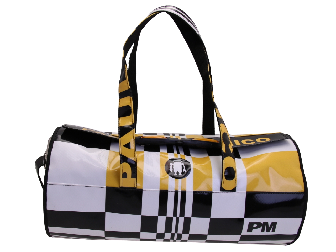 BORSONE SPORTIVO BIANCO, NERO E GIALLO. MODELLO ROLLING REALIZZATO IN TELONE CAMION.