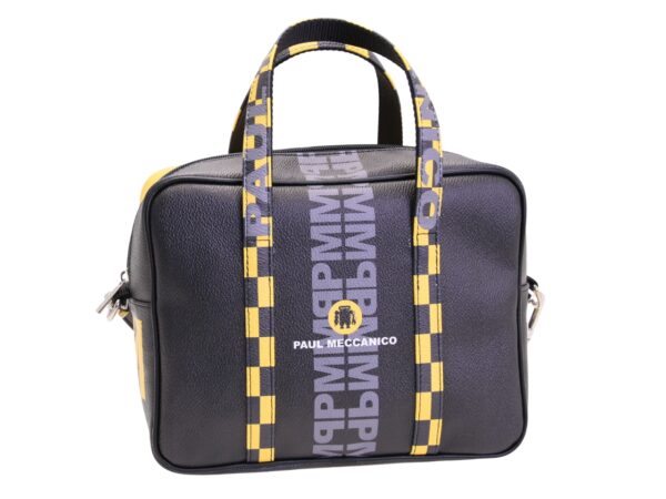 BLACK AND YELLOW RECTANGULAR WOMEN'S BAG. MODEL PINCA MADE OF HAMMERED SYNTHETIC LEATHER.