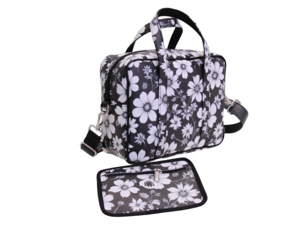 BLACK AND WHITE RECTANGULAR WOMEN'S BAG WITH FLORAL FANTASY. MODEL PINCA MADE OF HAMMERED SYNTHETIC LEATHER. - Image 4