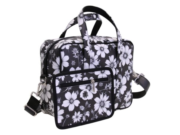 BLACK AND WHITE RECTANGULAR WOMEN'S BAG WITH FLORAL FANTASY. MODEL PINCA MADE OF HAMMERED SYNTHETIC LEATHER. - Image 3