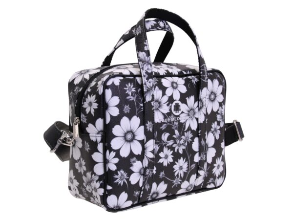 BLACK AND WHITE RECTANGULAR WOMEN'S BAG WITH FLORAL FANTASY. MODEL PINCA MADE OF HAMMERED SYNTHETIC LEATHER. - Image 2