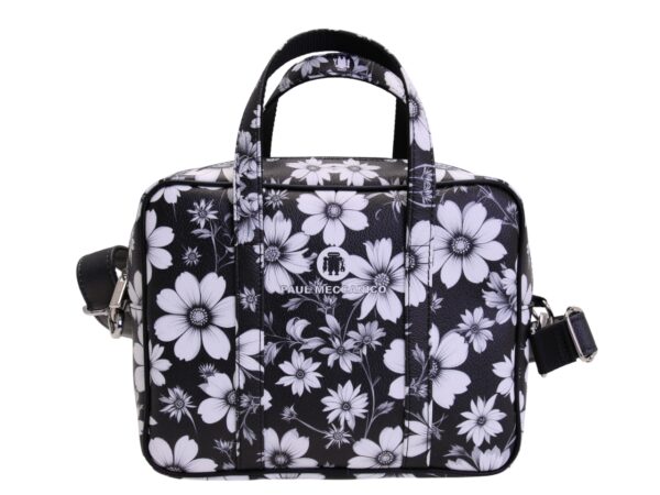 BLACK AND WHITE RECTANGULAR WOMEN'S BAG WITH FLORAL FANTASY. MODEL PINCA MADE OF HAMMERED SYNTHETIC LEATHER.