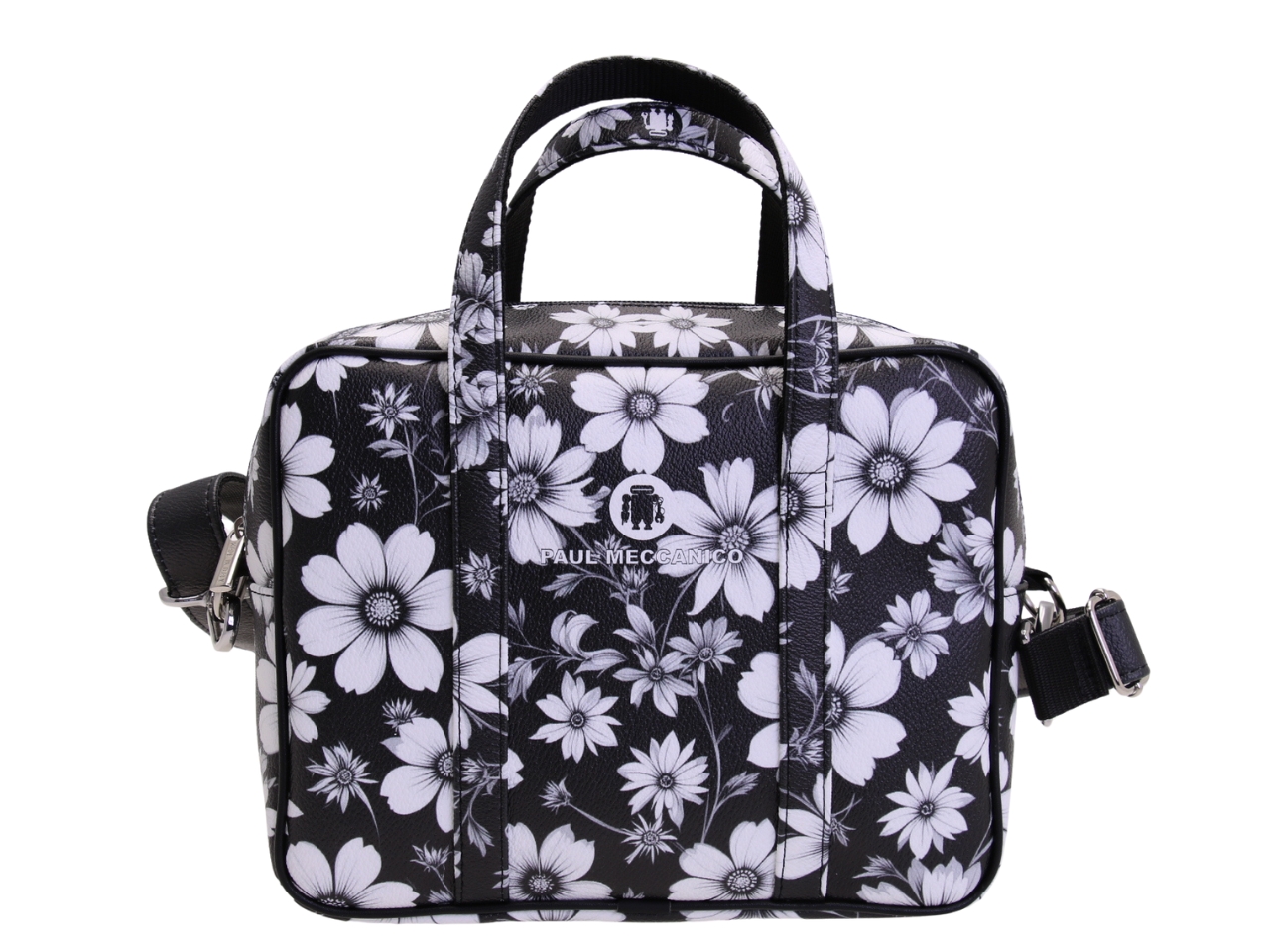 BORSA DA DONNA RETTANGOLARE BIANCA E NERA CON FANTASIA FLOREALE. MODELLO PINCA IN PELLE SINTETICA MARTELLATA.