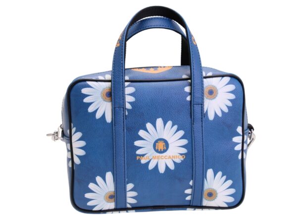 BLUE RECTANGULAR WOMEN'S BAG WITH FLORAL FANTASY. MODEL PINCA MADE OF HAMMERED SYNTHETIC LEATHER.