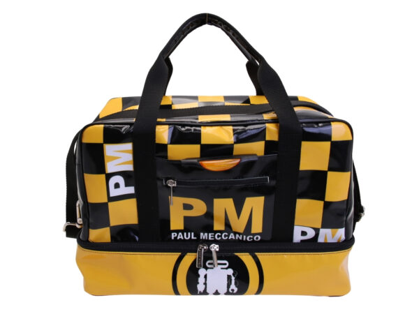 BLACK AND YELLOW HAND LUGGAGE BAG WITH CHESS FANTASY 40 X 20 X 25 CM. MODEL FLYME MADE OF LORRY TARPAULIN.